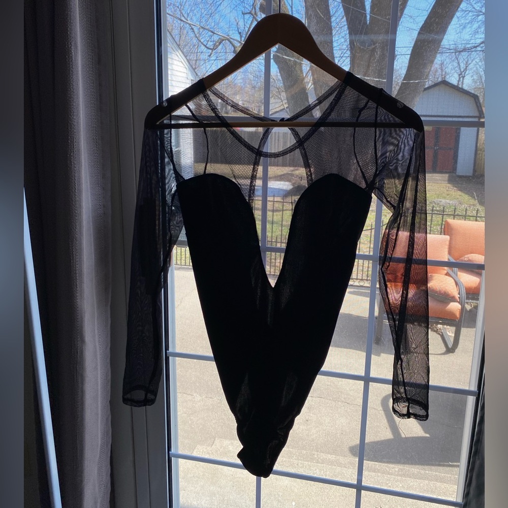 Fredericks of hollywood black mesh and velvet body suit size L